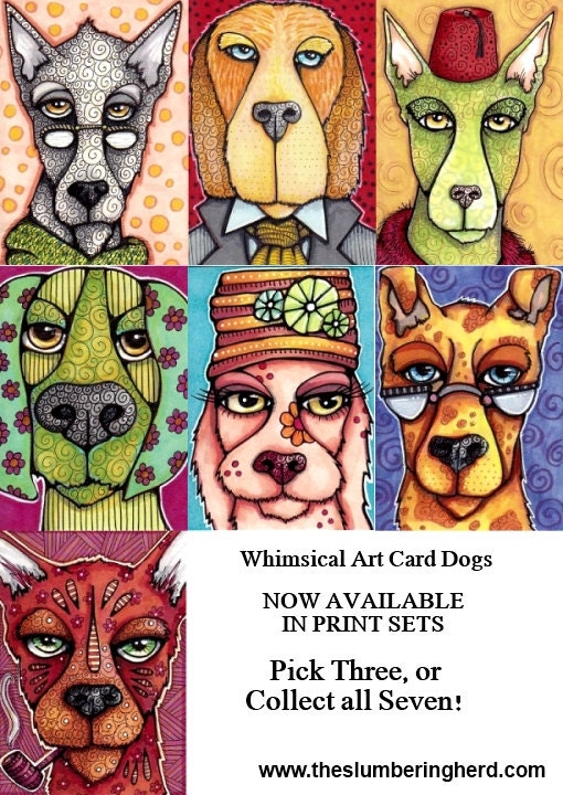 ACEO Dogs Print Set, Seven Whimsical Reproductions