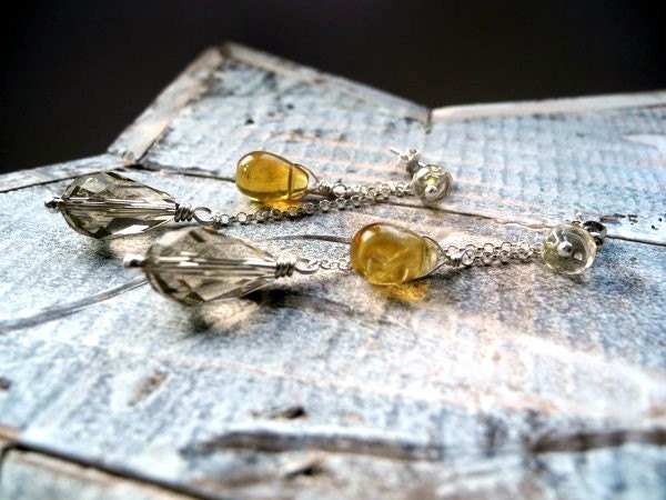 Lemon Silver Earrings - Citrine and Quartz Earrings - Long Sunny Yellow Earrings - Honey Amber Gold - Romantic Dangle Studs
