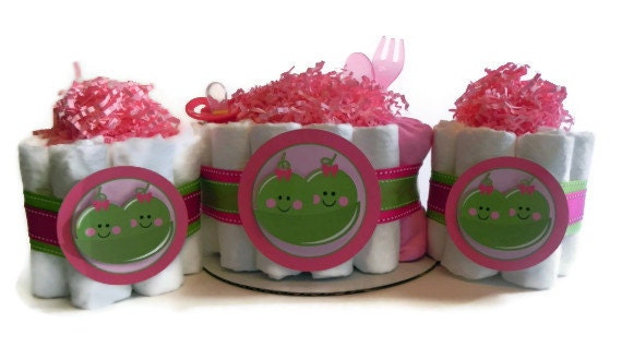 Twin Peas in a Pod Diaper Cake Party Pack - twin girls boy neutral both - baby shower gift decoration green pink blue bow tie
