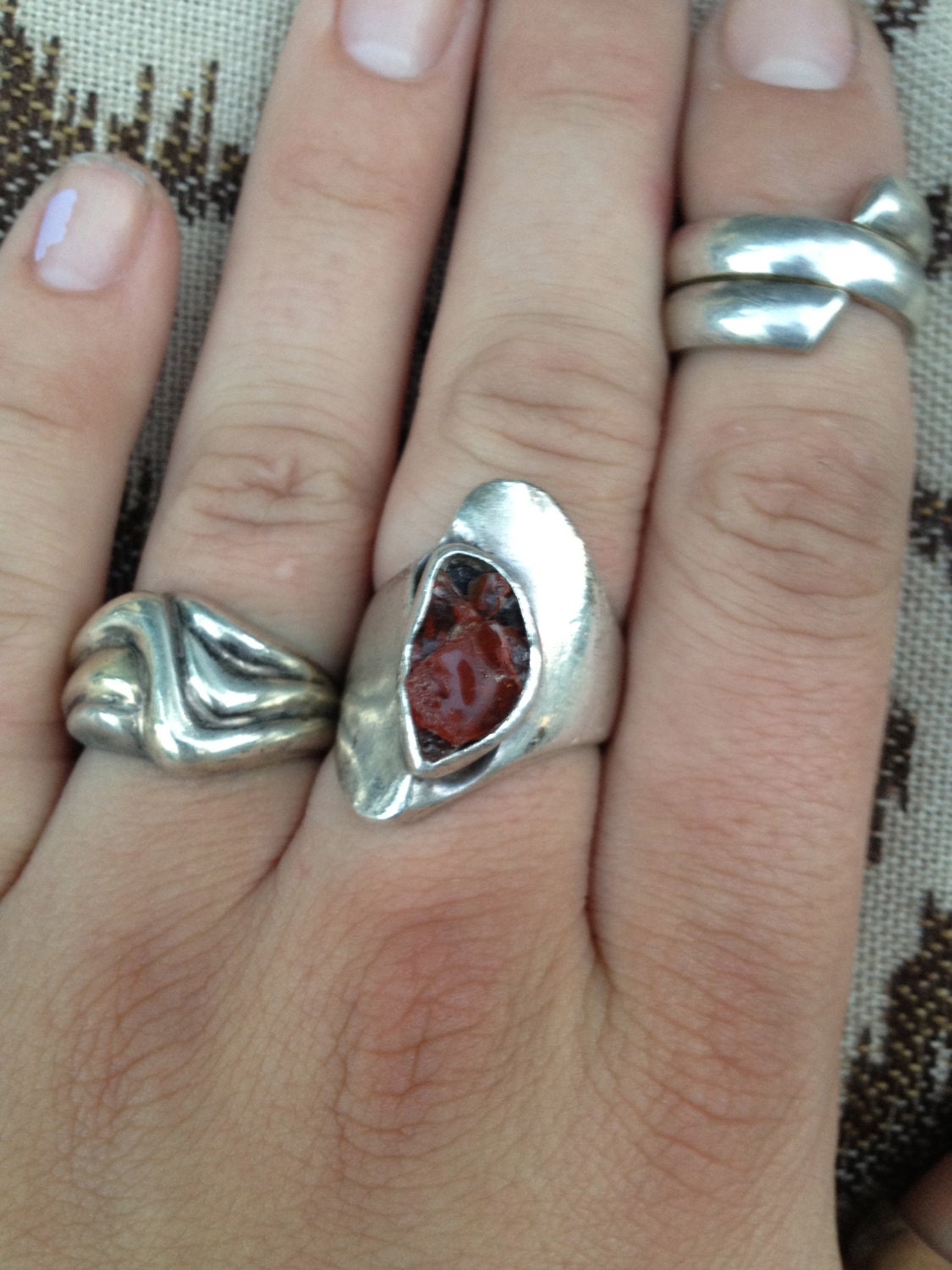 Unique Vintage Amber Colored Stone Inlay Sterling Silver Ring SIZE 7.5