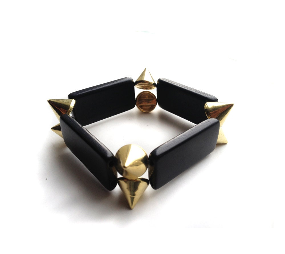 Spiked Black Bamboo Bangle , gold stud laquer wood cuff bracelet