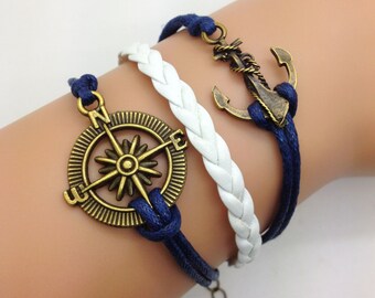 Vintage Style Cute Anchor  &  Compass Navy  Blue Rope  and White leather Fashion Personalized Adjustable Bracelet 2117S