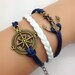 Vintage Style Cute Anchor  &  Compass Navy  Blue Rope  and White leather Fashion Personalized Adjustable Bracelet 2117S