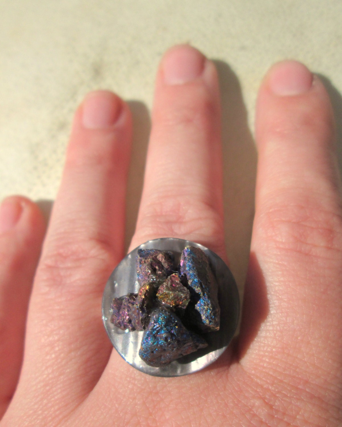 Andromeda. Peacock Ore Chalcopyrite Adjustable Finger Ring with Recycled Vintage Button. Bornite, Silver.