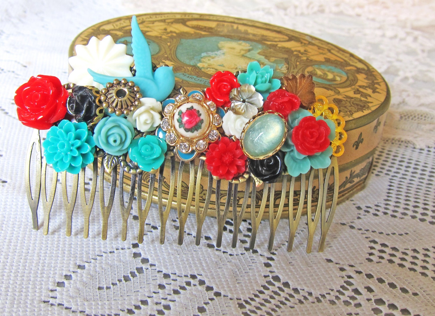 Wedding Hair Comb Aqua Turquoise Hair Comb Red Cyan Teal White Bridesmaids Bridal Hair Comb Hair Jewelry Accessories Venetian Boudoir