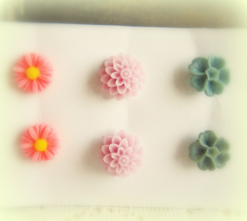 Flower Earrings Pink Yellow Lilac Gray Blue Soft Misty NICKEL FREE Floral Stud Post Earrings Set Lot of 3 Spring Summer Colors