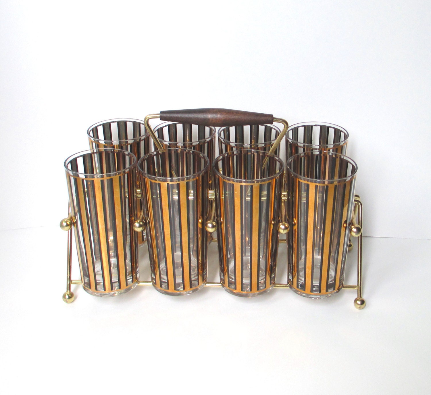 Mid Century Barware, Gold and Black Cocktail Glasses with Caddy