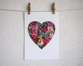 HEART FLOWERS art print - floral heart digital collage - original art - ARCHIVAL art print - vintage style - A4