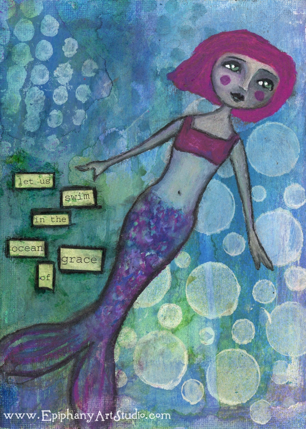 Giclee Print - 5" x 7" Mermaid Art, Inspirational Mixed Media Decor, Pink Turquoise Wall Art, Whimsical Word Art - "Ocean of Grace"