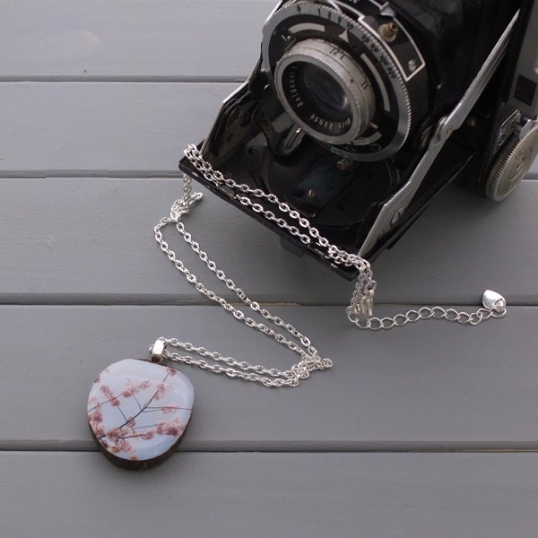 Cherry Blossoms, wood necklace, photo jewelry, handmade pendant from real tree branch
