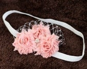Vintage dusty pink triple shabby chic chiffon flower on sparkly white headband - Baby/Infant Headband - Flower Girl Headband