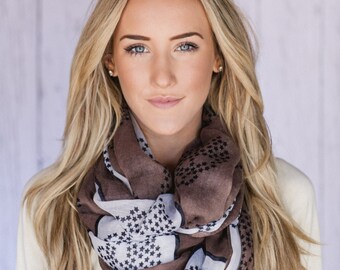 Skull Infinity Scarf Wide Cotton Viscose Printed Skull and Stars Circle Scarf in Black Ivory and MOCHA