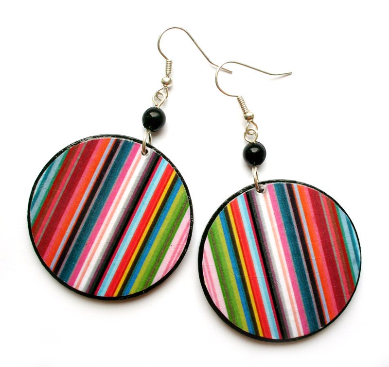 COLORFUL STRIPES decoupaged earrings blue red  yellow green pink olive perfect gift