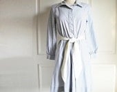 Vintage 80s nautical stripe dress/ vertical blue & white stripes shirt dress/ cotton sailor dress/ preppy dress/ country club apparel