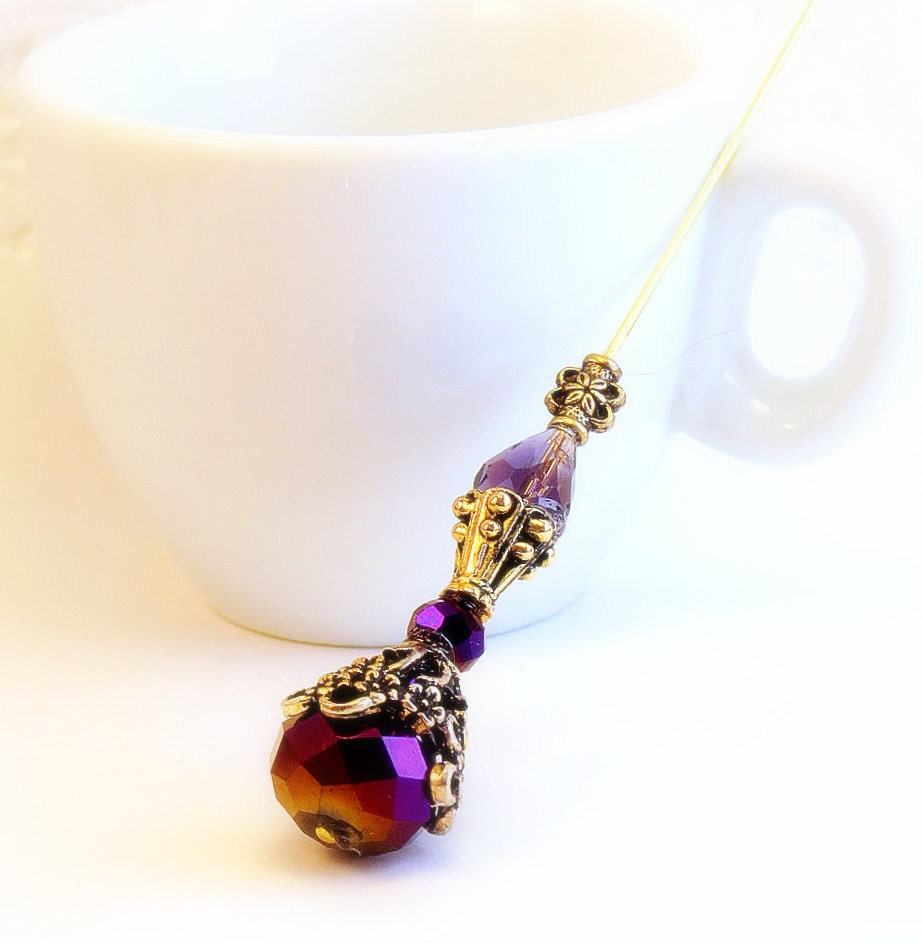 Purple beaded hat pin womens accessories gold floral filigree aubergine scarf lapel ascot stick pin vintage Renaissance tagt tagtteam