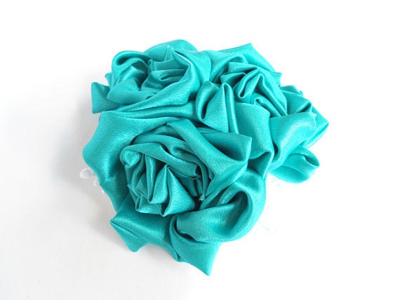 Flower Hair Clips Teal Turquoise Blue Satin Fabric Flower Hair Accessories, White Lace, Headpiece, Handmade Fascinator, Adults, Women, Gift