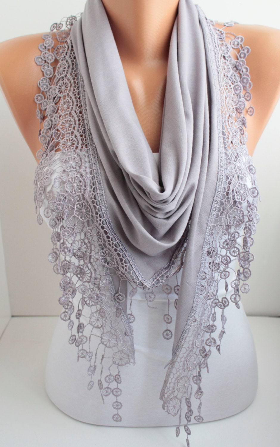 NEW- Soft Lilac - Jersey Scarf - Shawl Scarf - Triangle Scarf - Headband - Cowl with Lace Edge- DIDUCI