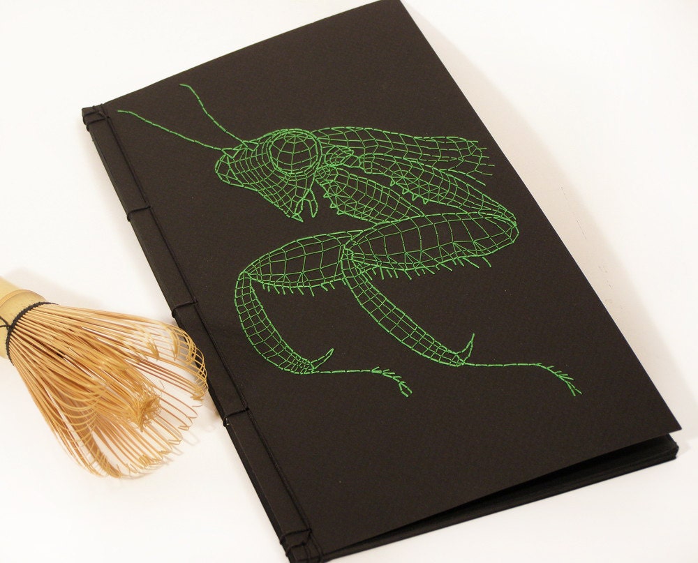 Embroidered Notebook with Black Pages / Praying Mantis / Green Mantis / Black Sketchbook