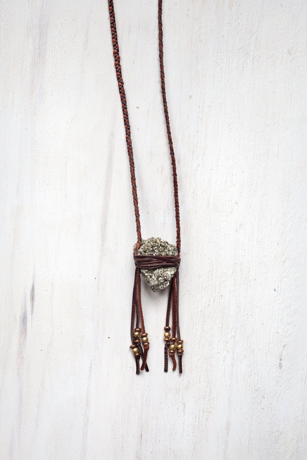 Pyrite Necklace - Pyrite Nugget Wrapped in Leather Fringe