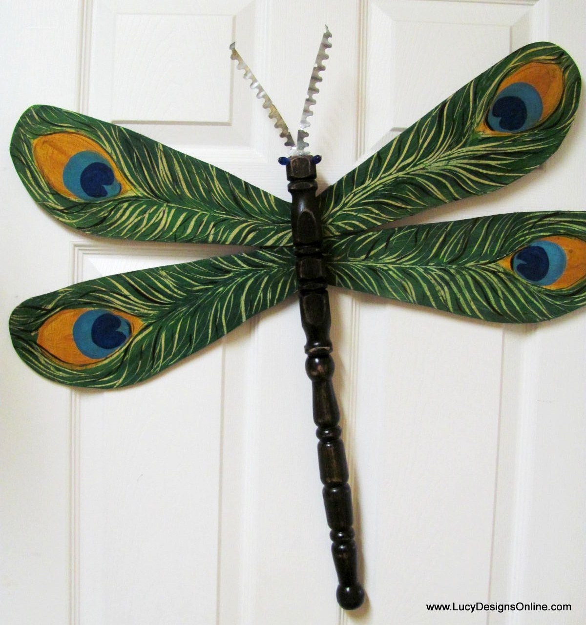 Table Leg Dragonfly Wall or Garden Art- Peacock Feather, Green, Teal, black Animal Print