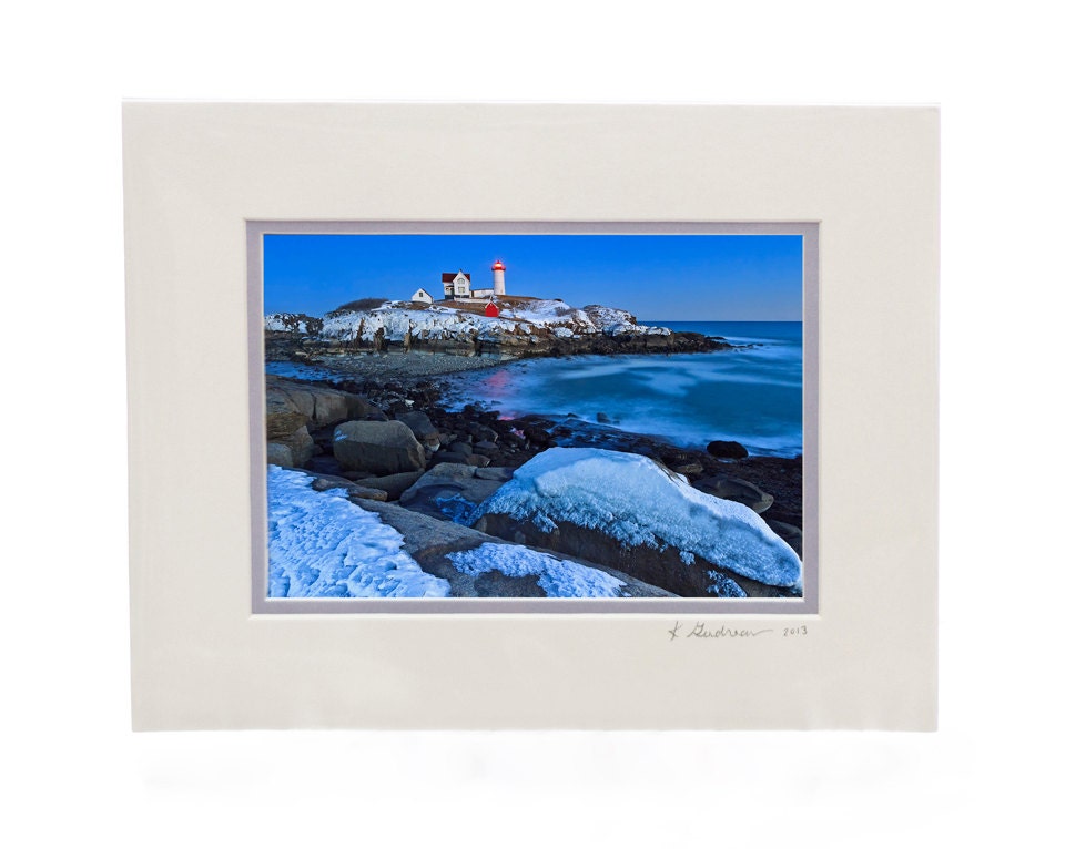Matted Lighthouse Dusk Blizzard Nemo Wall Art Photo Print Maine Nubble Winter Snow Evening Seascape Home Decor Living Room