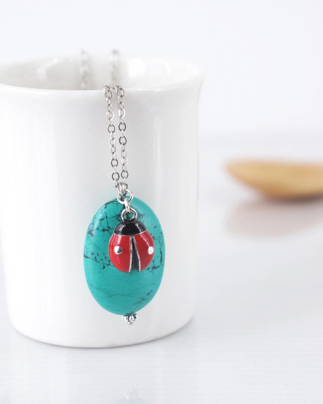 Red Ladybird Pendant Necklace, Oval Turquoise Gemstone, Cute Fun Jewelry For Girls, Turquoise Pendant, Nature Style, Gift Ideas