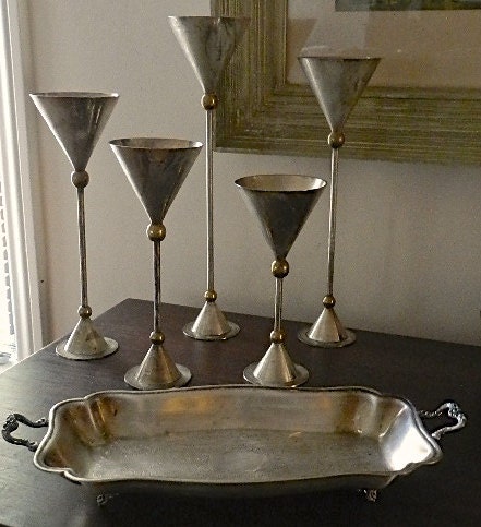 Silver Plated  Distressed Candle Stick Collection.Center Piece.Cottage Decor