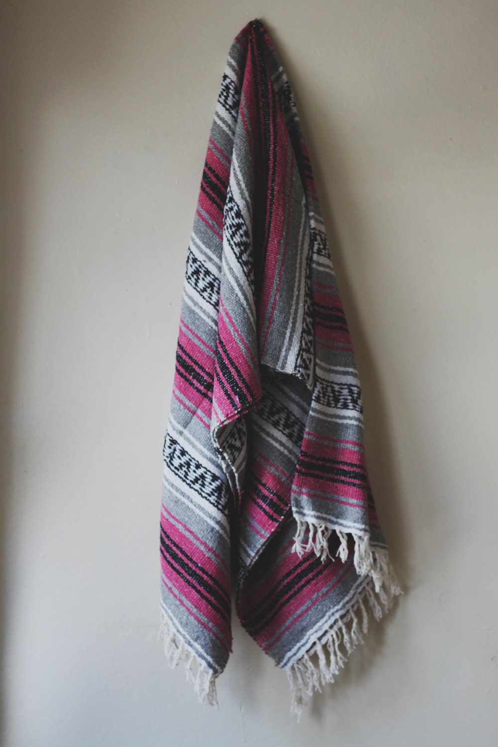 Vintage Southwestern Mexican Striped Ethnic Blankets / Wall Hangings Pink/Light Gray