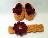 Florida State Seminoles Flower Headband and Mary Janes Booties set - Spring Summer Garnet Red and Gold - 3 Sizes- Crochet Baby Shoes