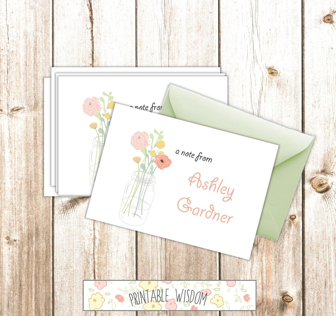 Printable Stationery note cards, personalized stationery custom, mason jar monogram name, blank card - flowers DIY digital PDF