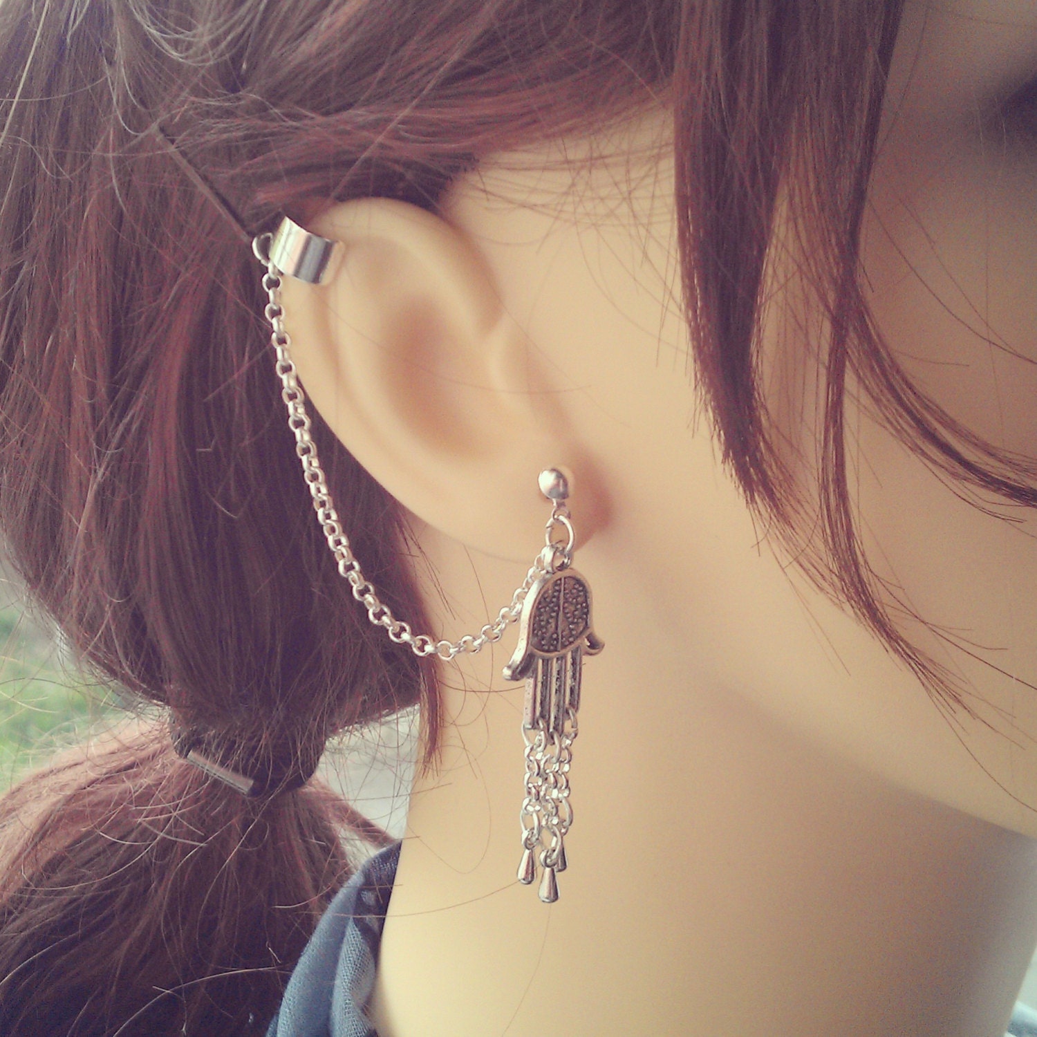 Hamsa, Prayer Hands Ear Cuff - Earring Stud, Silver Plated - No Upper Ear Piercing Required