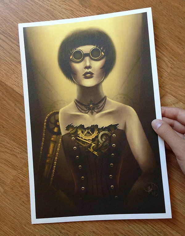 8x12 archival print - "Deus ex Machina" - painting of a steampunk robot girl with exposed gears - cyber Victorian Gothic inspired art