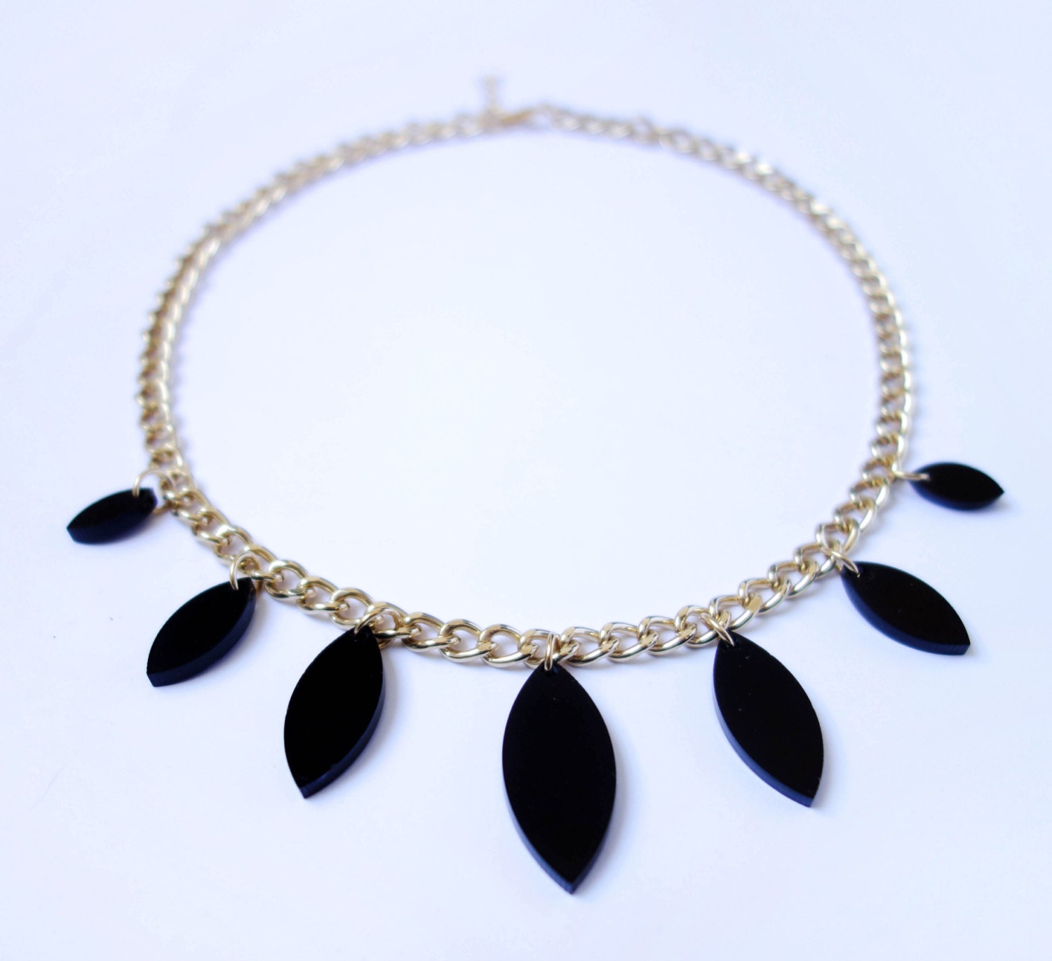 Boho-Chic Necklace - Laser cut acrylic Black drops Statement Necklace 24k gold plated chain