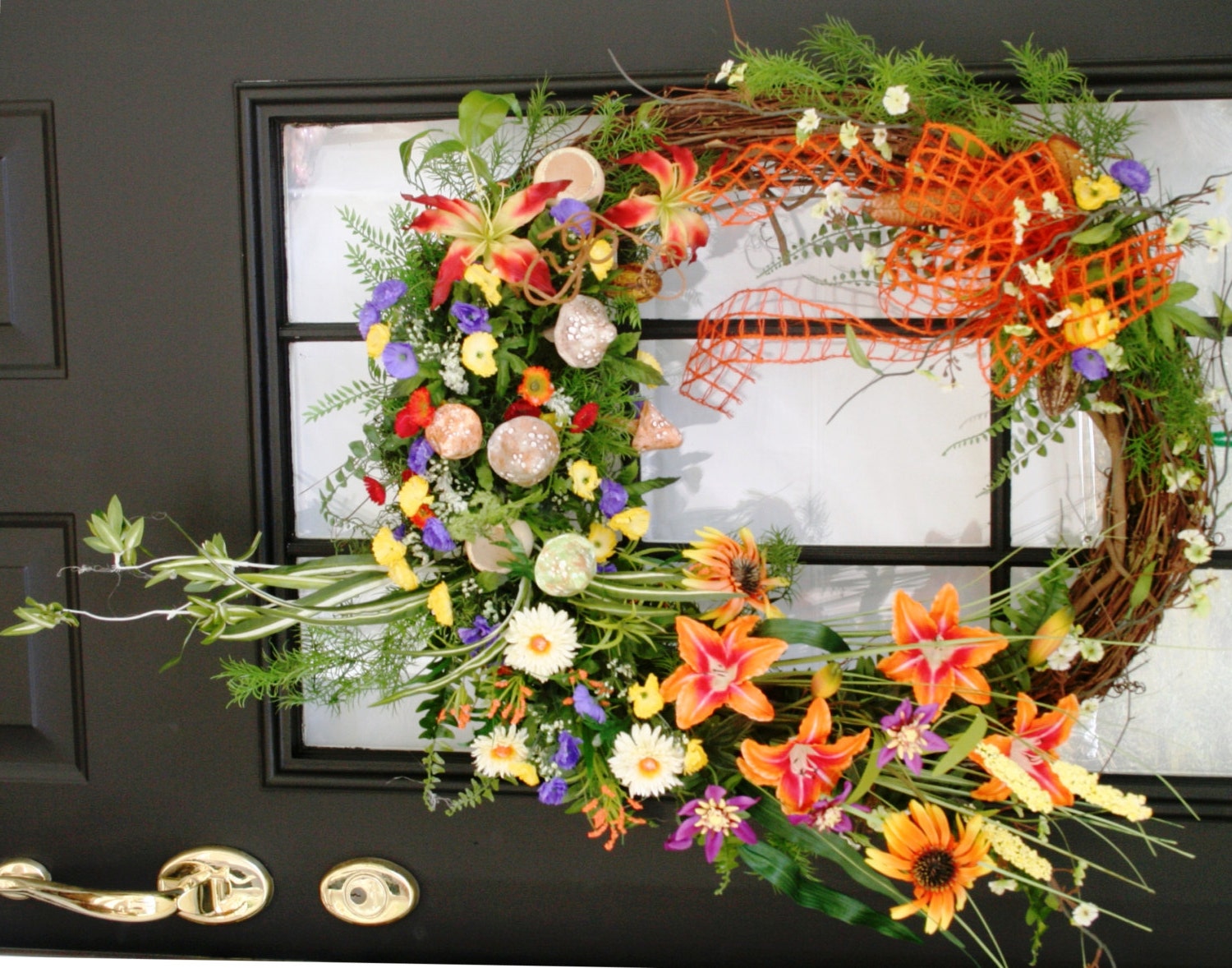 Spring and Summer Meadows Wreath with Day Lilies and handmade mushrooms