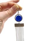 WHITE Fringe Earrings. Round NAVY BLUE Murano Style Glass Beads. Geometric Metal Beads. Handmade Beaded Earrings. Modern Nautical Dangle.