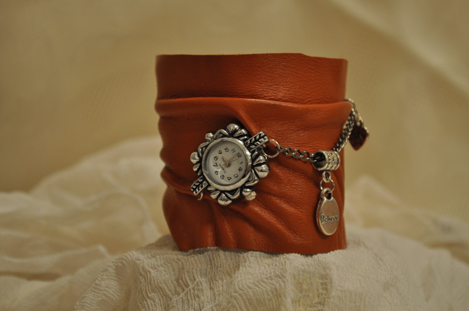 Leather Cuff With Watch / Women Handmade Camel Leather Wrist Bracelet With Metal Accessories Chain and Watch / Clock by HocusPocusStudio