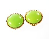 Vintage Button Earrings, Lime Green Lucite Plastic, Gold Tone Metal, Clip-ons, 1950s 1960s Mad Men, Spring Summer Jewelry