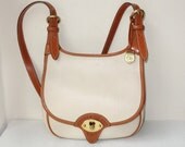 Vintage Mint 80s Dooney & Bourke Ivory Creme White and Tan Brown Leather Handbag, Cross Body Crescent Satchel, Shoulder Organizer Purse