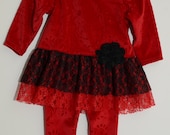 Custom Red Velvet and Lace Dress with Leggings size 6 months