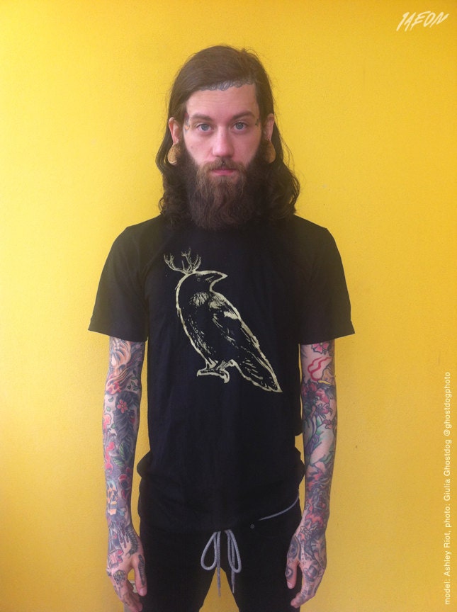 raven, crow, gold, raven etsy, black mens tee, black, crow tshirt, mens gift, crow clothing men, 1AEON black tee w gold crow - Size XL