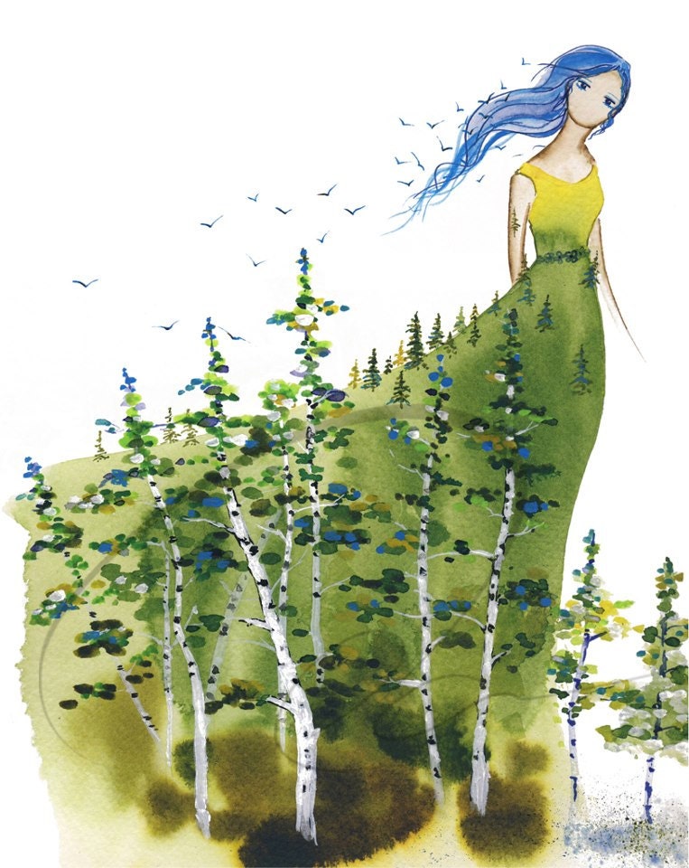 Lady Aspen - Art Print cute girl's room decor gift idea young forest spirit tree dryad colourful leaves teen girl blue birds Oladesign 8x10