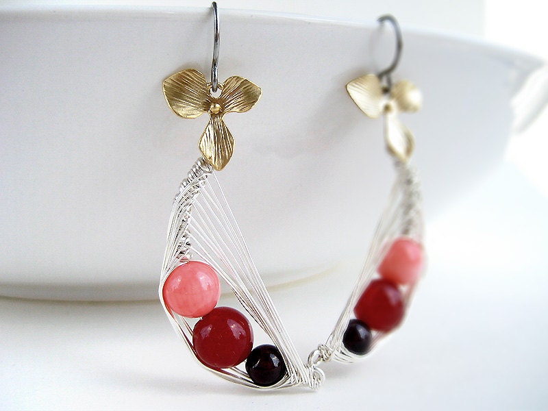 Red Peapod Earrings - January birthstone, gold flower, dark red peach round gemstone woven in silver wire, mother's day gift - Berry Pod