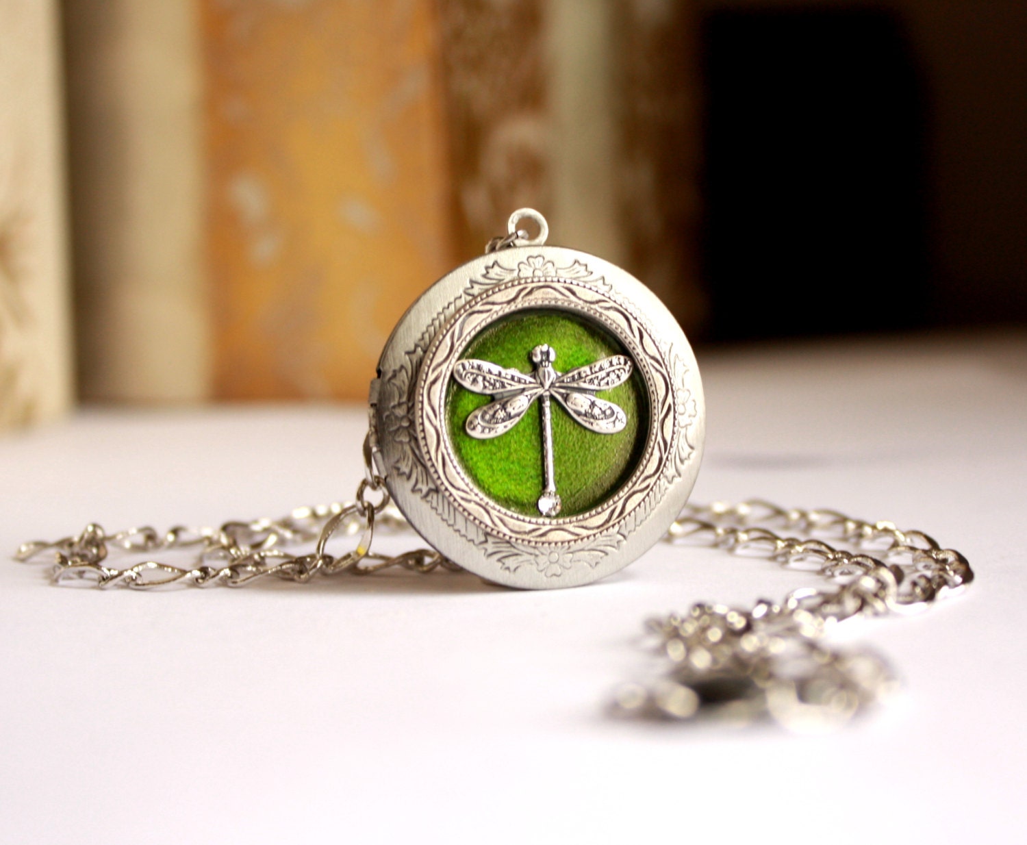Green Dragonfly Locket / Green Necklace / Silver Locket / Vintage Inspired / Secret Personalized Message