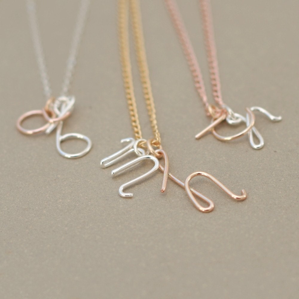 initial necklace. TWO personalized initials. sterling silver. gold. rose gold. mothers necklace. child initials. alphabet letters.