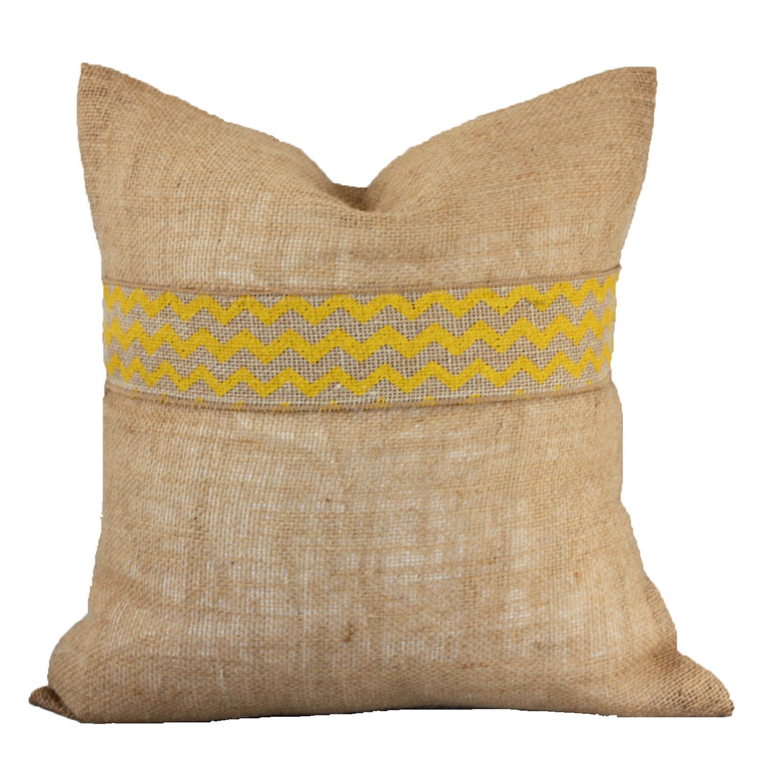 Free U.S. Shipping - Natural Burlap with Yellow Chevron Band Pillow Cover, Decorative Throw Pillow ONE 16x16 inch