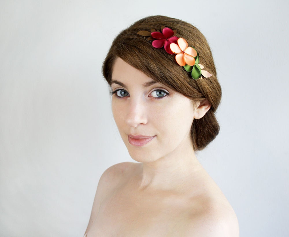 Spring blossom hair comb, flowers Hair accessory, Woodland head piece, pink yellow green flowers on a branch