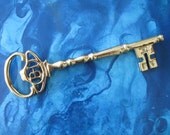 B I, 1970s Monogrammed Decorative Gold Toned SKELETON KEY Wall Hanging,  Passingkey Paperweight,  jailer's key,  pikey, VICTORIAN revival