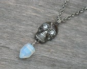 Moonstone Necklace, Skull Necklace, Crystal Point Necklace, Gothic Necklace, Gothic Jewelry, Opal, Opalite, Gemstone Necklace,