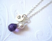 Gemstone necklace, Personalized initial necklace, Custom sterling silver hand stamped necklace, Friendship gift