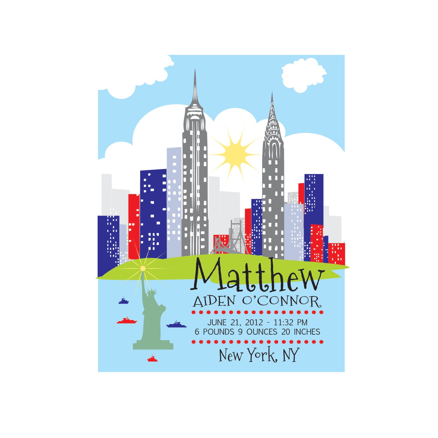 Personalized Childrens, Birth Announcement Print, Baby Name Print, New York Skyline, Art for Nursery, Baby Name Print, NYC